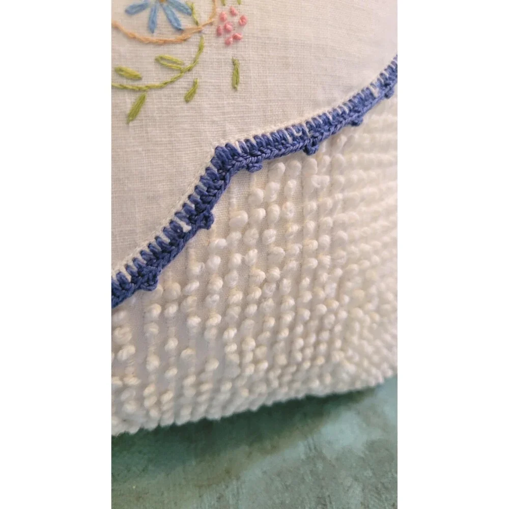 Upcycled Embroidered Flower Basket & Chenille Pillow — Handmade Shabby Chic